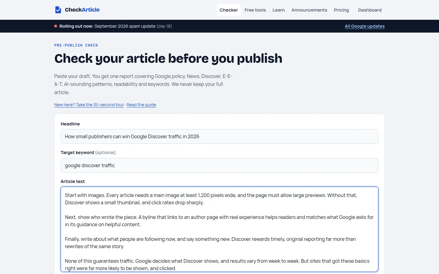 The article checker form with headline, keyword and article fields