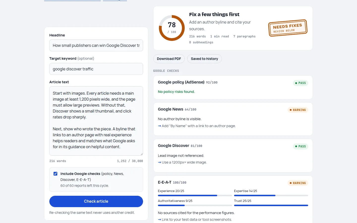 An article report with the score dial, verdict and check cards